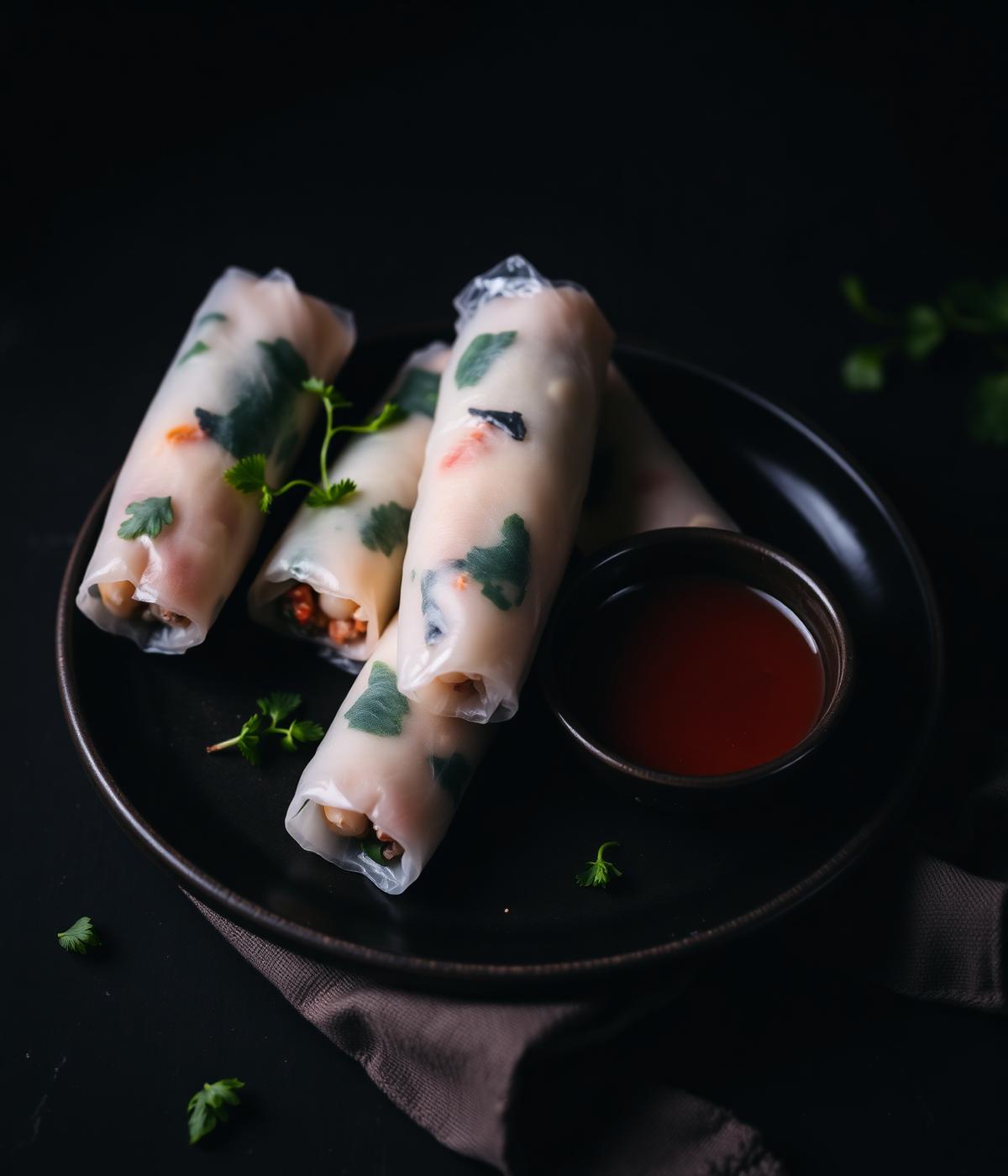 Vietnamesische Sommerrollen auf dunklem Teller