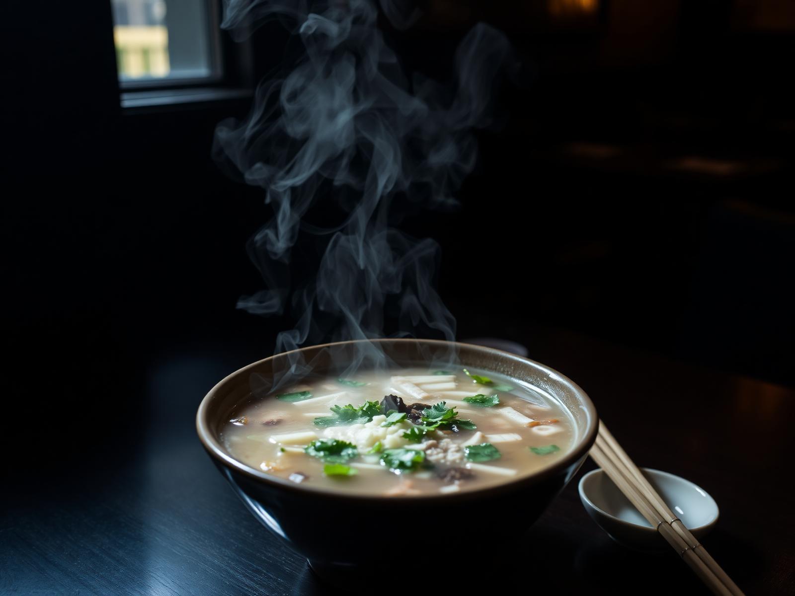 Dampfende Schüssel Phở auf dunklem Holztisch
